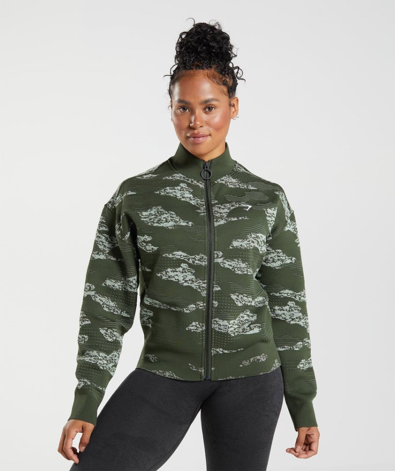 Women\'s Gymshark Adapt Camo Seamless Track Jackets Dark Green | CA D108NA